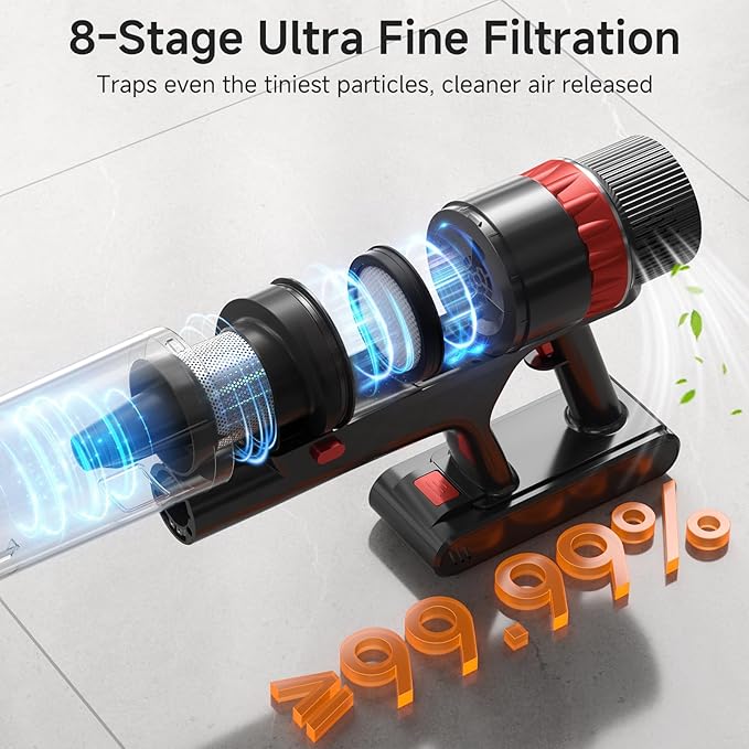 Cordless Vacuum Cleaner, 530W/70Mins Vacuum Cleaners for Home,Self-Standing Stick Vacuum with Smart Touch Screen,Rechargeable Lightweight Vacuum for Pet Hair,Carpets, Hard Floors