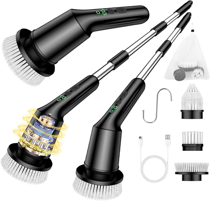 Electric Spin Scrubber for Cleaning Bathroom, Shower Scrubber Cordless Cleaning Brush with IPX7 Waterproof & 2 Speed, 3 Brush Heads, Bathroom Cleaning Supplies for Toilet Shower Tub Black