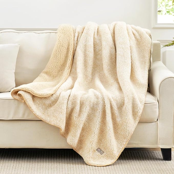 Cozy Bliss Luxury Sherpa Throw Blanket for Couch, Premium Reversible Plush Thick Throw, Warm Cozy Soft Blanket for Home and Gifts (Mottled Beige, 50" x 60")