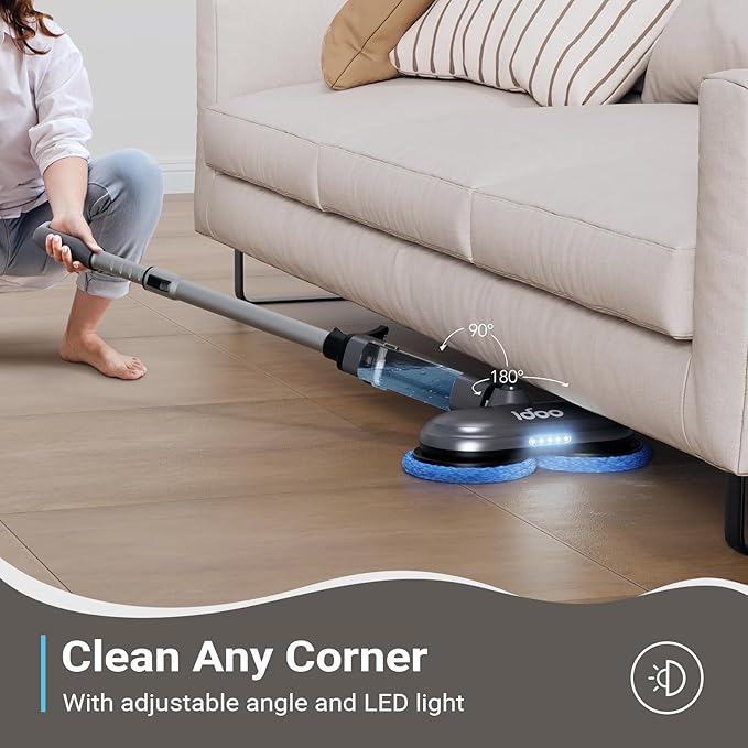 iDOO Electric Mop, Floor Scrubber Electric Spin with LED Headlight, Rechargeable Dust Cordless Dual-Motor, Spray Mop for Hardwood Floor, Clean up to 2350 ft², 46dB Quiet, Gray-4 Pads