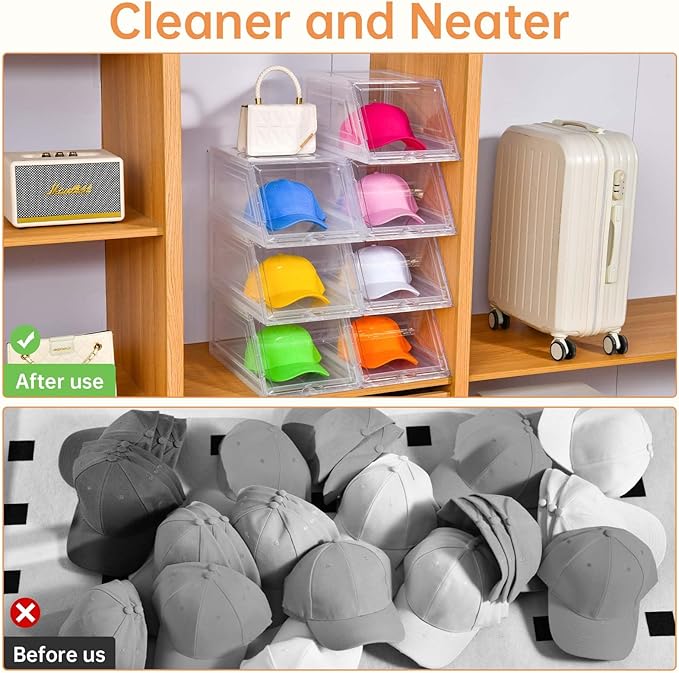 2 Pack Hat Organizer for Baseball Caps,Large Clear Cap Organizer with Drawer,Hats Holder Box for Closet with Sliding Tray,Stackable Hat Rack Display Case,Multi-use Hat Case for Caps,Each Holds 12 Hats