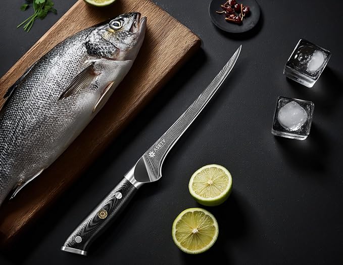 Damascus Fillet knife 7 Inch - Ultra-Sharp Fillet Knife for Fish and Meat, Professional Japanese Boning Knife with VG10 Steel Core, Full Tang G10 Handle, Elegant Box