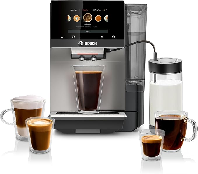 BOSCH 800 Series Fully Automatic Espresso and Coffee Machine – 36 Drinks with Coffee World, Cold Brew, Double Cup, Milk Hose, Glass Milk Container, in Metallic Silver TPU60501
