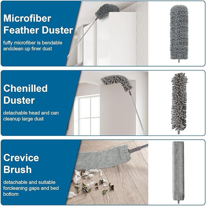 7 Pcs Microfiber Feather Duster with 100-inch Telescopic Extendable Pole, Washable and Reusable Cobweb Duster Kit, Dusters for Cleaning High Ceiling,Fan,Furniture,Blinds