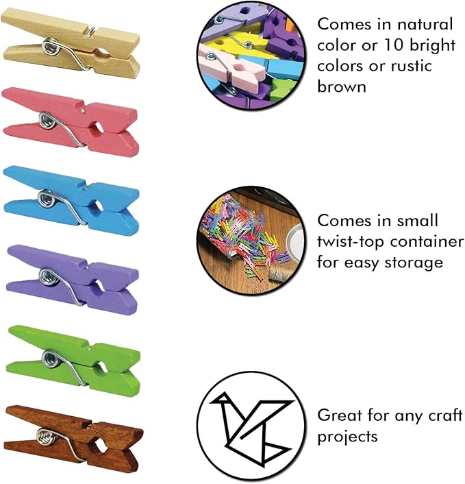 Mini Wooden Clothespins With Jute Twine, 250pcs, 1 Inch Photo Paper Peg Pin Craft Clips With 66ft Natural Twine for Scrapbooking, Arts & Crafts, Hanging Photos (Natural Color)