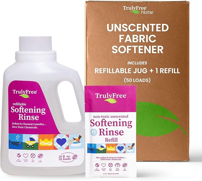 Fabric Softening Conditioner for Clothes| Safe for Babies & Kids with Sensitive Skin | Plant-Based | Include 1 Refillable 50oz Bottle with Measuring Cap| Unscented Rinse(50 Loads)