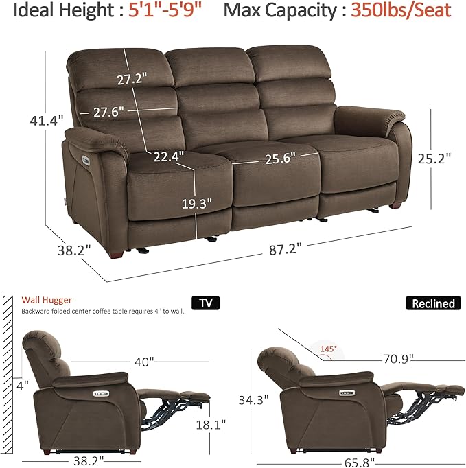 MCombo Wall Hugger Recliner Sofa with Drop Down Table, Power Reclining Sofa with Adjustable Headrest, USB A&C Charge Ports, Reading Lamp, Cup Holders, for Living Room, RVs (Fabric, ST258M3, Coffee)