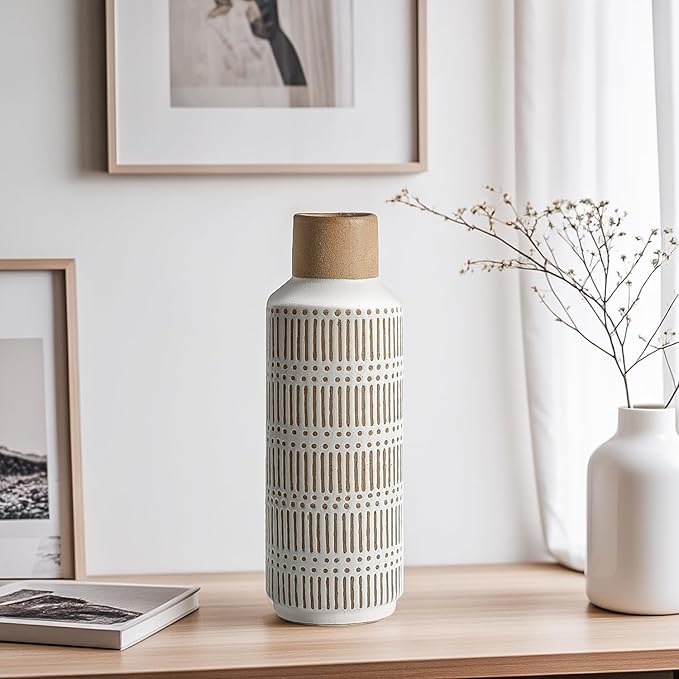 Rustic Ceramic Vase for Living Room Bedroom 11.02'' Farmhouse White Flower Vases for Bouquet Fake Plant Home Decor Office Table Shelf Fireplace Centerpieces Retro Vintage Classic Modern