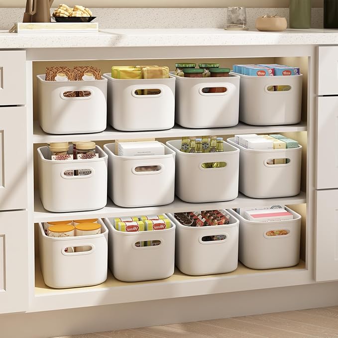 8 Pack White Storage Bins for Shelves, Plastic Storage Containers for Organizing, Stackable Storage Boxes with Handle, Storage Bins White for Classroom, Craft, Snacks, Cabinet, 9.7x6.7x5.7 inch