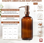 GMISUN Amber Glass Soap Dispenser, 2 Pack Bathroom Hand Soap Dispensers with Rose Gold Pump, 17 Fl Oz Kitchen Hand and Dish Soap Dispenser Set, Modern Vintage Liquid Brown Soap Dispensers Bottle