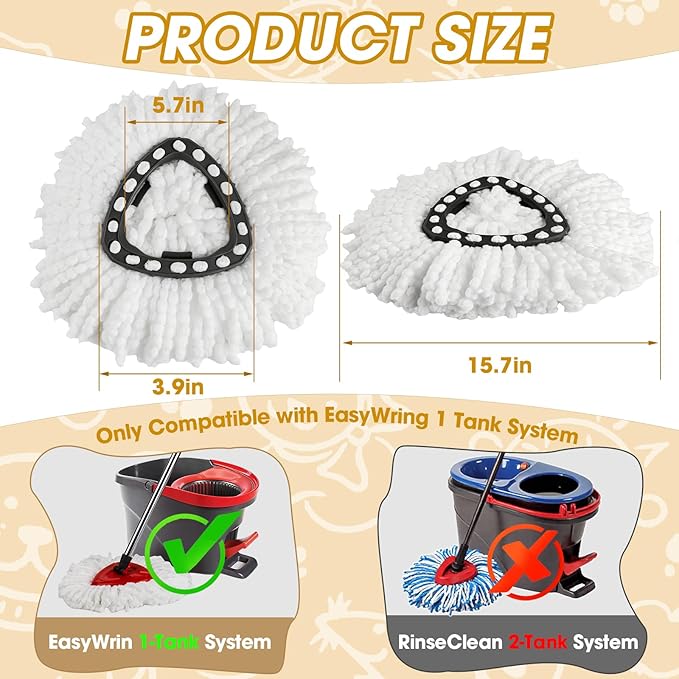 6 Pack Spin Mop Replacement Heads, Microfiber Spin Mop Refills for O Ceda EasyWrin 1-Tank System, 360° Replacement Mop Head, Machine Washable Spinning Mop Replace Head for Easy Floor Cleaning