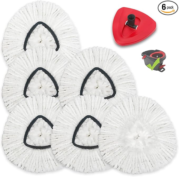 6 Pack Spin Mop Replacement Heads Compatible for Oceda EasyWring 1 Tank Bucket System, Reusable and Microfiber Mop Refills for Hardwood Floor Cleaning, with Base