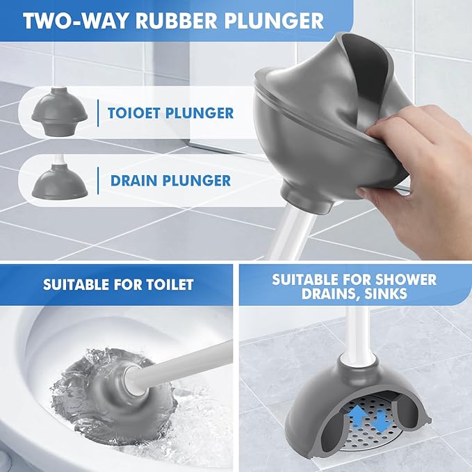 Toilet Plunger and Brush, Bowl Brush and Heavy Duty Toilet Plunger Set with Ventilated Holder, 2-in-1 Toilet Brush and Plunger Combo for Bathroom Cleaning（2 Pack, White）