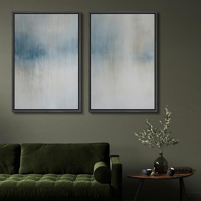 SIGNFORD Framed Canvas Print Wall Art Set Blue and Beige Abstract Modern Neutral Vertical Illustration Modern Art Decorative Nordic Nature for Living Room, Bedroom, Office - 16"x24"x2 Black