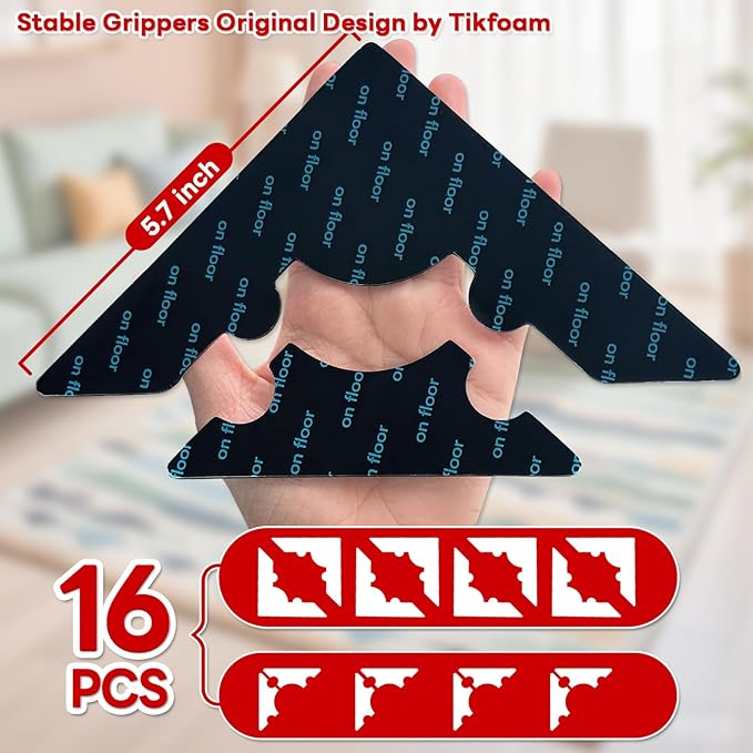 Rug Non Slip Grippers, Reusable Rug Tape Pads for Hardwood Floors, Strong Carpet Gripper for Area Rugs, No Damaging for Floor, 16Pcs