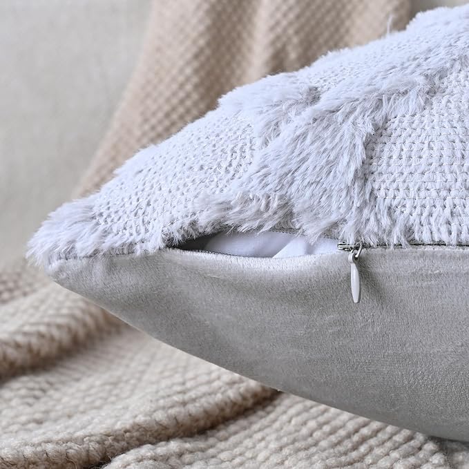 Set of 2 Soft Moroccan Throw Pillow Covers 16x16 Inch Plush Boho Decorative Pillow Cover Accent Cushion Case for Couch Sofa Bed, Grey