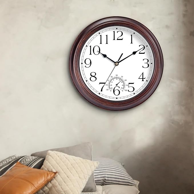 12 Inch Outdoor Wall Clock with Thermometers, Vintage Silent Wall Clocks Battery Operated, Retro Non-Ticking Clock Decorative for Living Room, Patio, Kitchen, Office, Bathroom, Bedroom(Bronze)