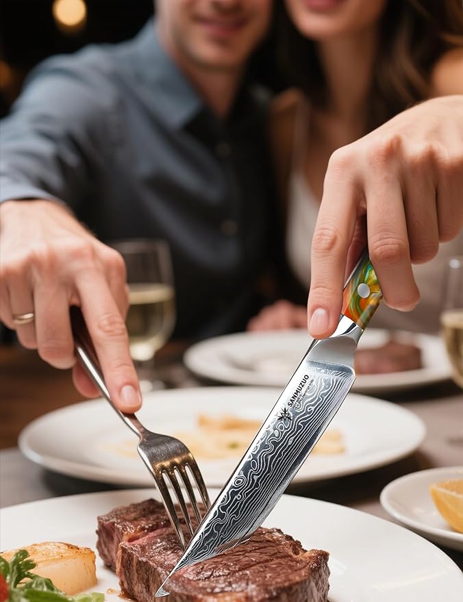 Steak Knives Set of 4, Ultra Sharp Non Serrated Kitchen Steak Knife 5 Inch - Damascus Steel & Resin Handle - Xuan Series(Fantasy Orange)