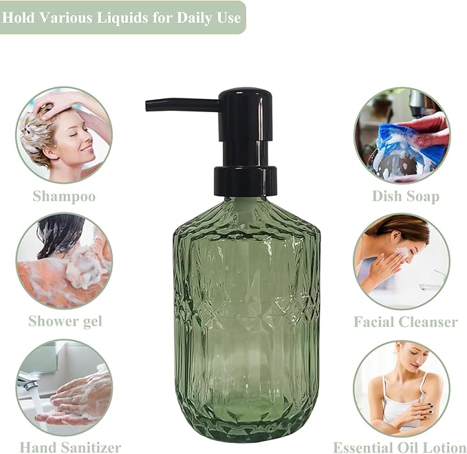 Green Glass Soap Dispenser with Black Pump, 15oz Liquid Hand Dispenser, Refillable Lotion Dish Soap Dispenser for Modern Home Decor, Bathroom, Kitchen Countertop, Hotel
