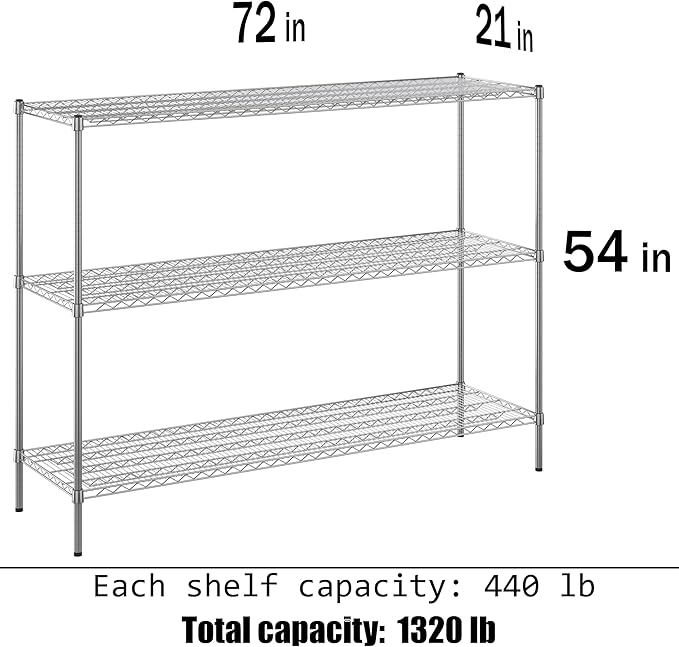 21" Deep x 72" Wide x 54" Height Wire Shelving Kit | 3-Tier | NSF Commercial Storage Rack Unit