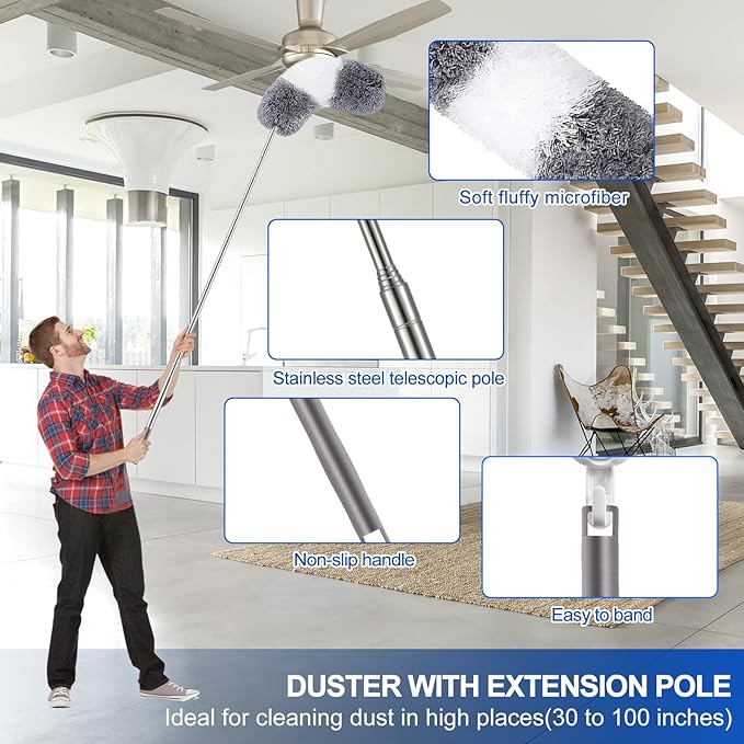 Microfiber Duster Kit (11PCS) - Washable Dusters with Extension Pole (30 to 100 in) for Cleaning Ceilings, Fans, Furniture