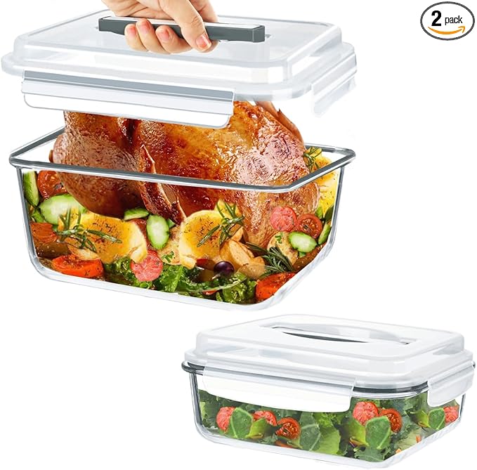 KOMUEE 203oz & 74oz Extra Large Glass Food Storage Containers with Lids, 2 Piece Airtight Big Glass Containers, Leak-proof, BPA-Free Lids with Carry Handle, Freezer Safe