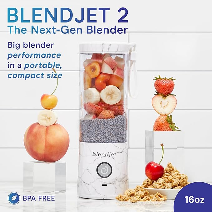 BlendJet Portable Blender for Smoothies & Shakes - 16oz, 3 Speeds, USB-C Rechargeable, Self Cleaning, Mini Travel Blender with Stainless Steel Blade (White Marble)