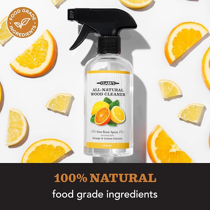 CLARK'S Natural Cutting Board Spray Cleaner, with Microfiber Cloth, for Wood Countertop – Pure Ingredients Filtered Water, Distilled Vinegar, Castile Soap, Lemon & Orange Citrus Oil Extracts, 12oz