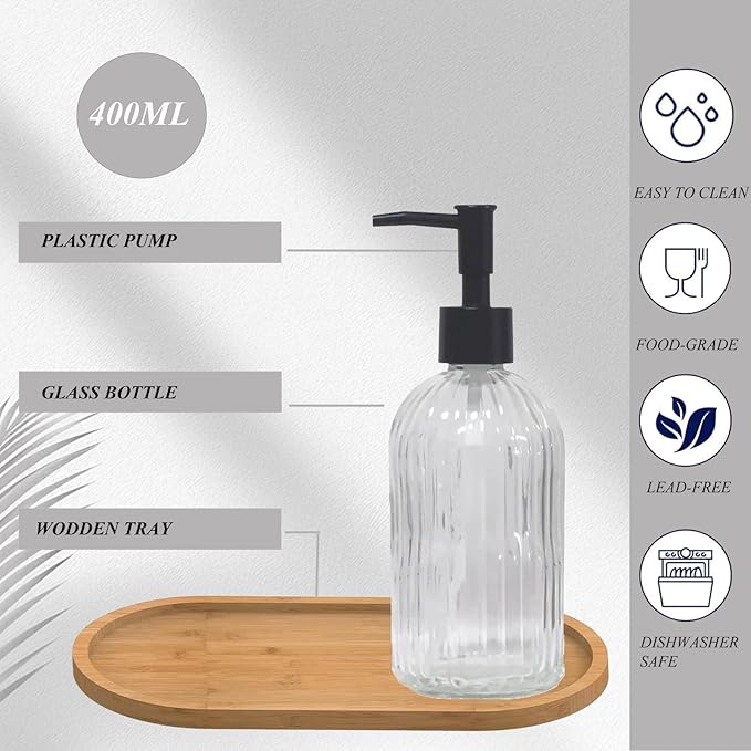 Glass Hand and Dish Soap Dispenser Set of 2 with Plastic Pumps, Bamboo Tray, 13.5oz Clear Bathroom Soap Dispenser with Vertical Stripe for Hand Wash & Dish Wash, Ideal for Bathroom Kitchen Countertop