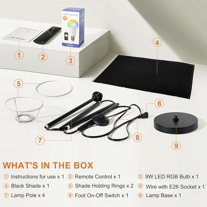 FRIDEKO HOME Floor Lamp with Black Shade, Dimmable Colors Temperature & Brightness, Floor Lamps for Bedroom Living Room, Tall Standing Lamp for Halloween Home Corner Decor, 9W Smart Bulb, Foot Switch