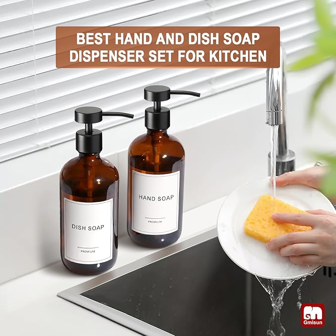GMISUN Amber Glass Soap Dispenser, 4 Pack Bathroom Hand Soap Dispensers with Stainless Steel Flat Pump, 17 Fl Oz Kitchen Dish Soap Dispenser, Modern Vintage Liquid Brown Soap Dispensers Bottle Set