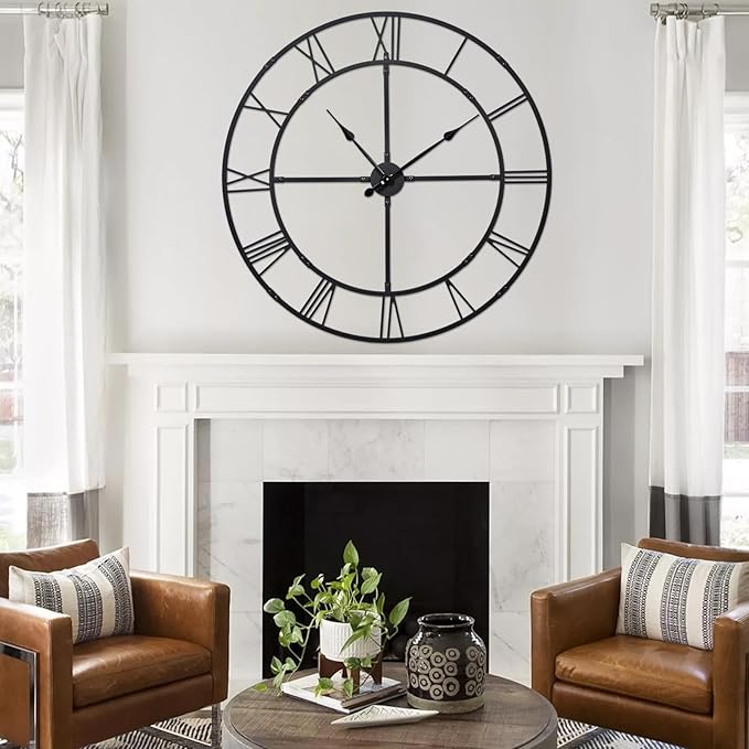 Extra Large 40 Inch Wall Clock for Living Room Decor – Silent Non-Ticking Modern Farmhouse Wall Clock, Oversized Decorative Metal Roman Numeral Clock, Black