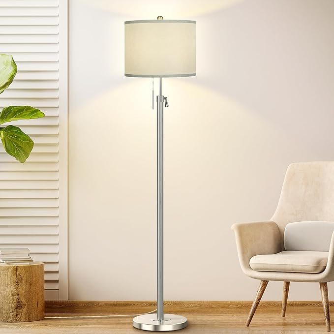 Brushed Nickel Floor Lamp for Living Room, Adjustable Height Standing Lamp with Metal Base, Tall Pole Light with Grey Shade for Bedroom, 8W 4000K 3-Way LED Bulb Included (Brushed Nickel, Grey Shade)