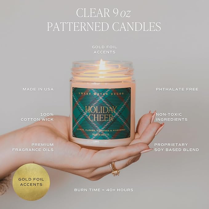 Sweet Water Decor Gingerbread and Spice Candle - Orange, Lemon, and Gingerbread Soy Christmas Candles - Gold Foil Pattern 9oz Clear Jar, 40 Hour Burn Time, Made in The USA