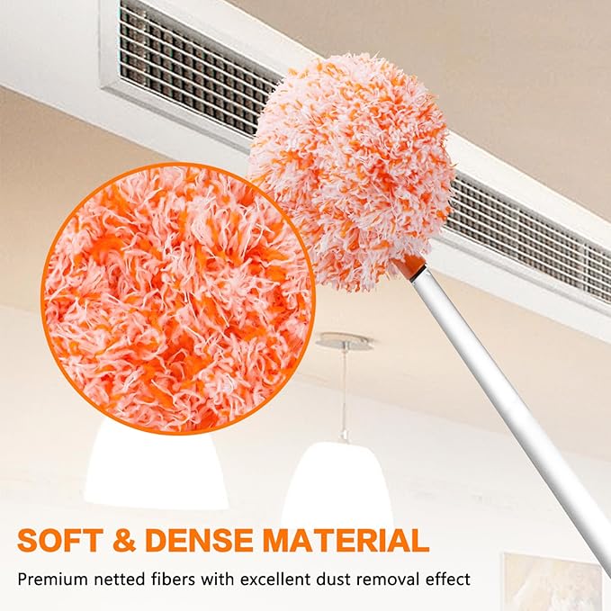 Ceiling Fan Cleaner Duster Reusable Microfiber Ceiling Fan Blade Cleaner Removable Duster with Extension Pole Adjusts 13 to 49.7 Inch for Cleaning Walls Furniture Door Window Top (Orange White)
