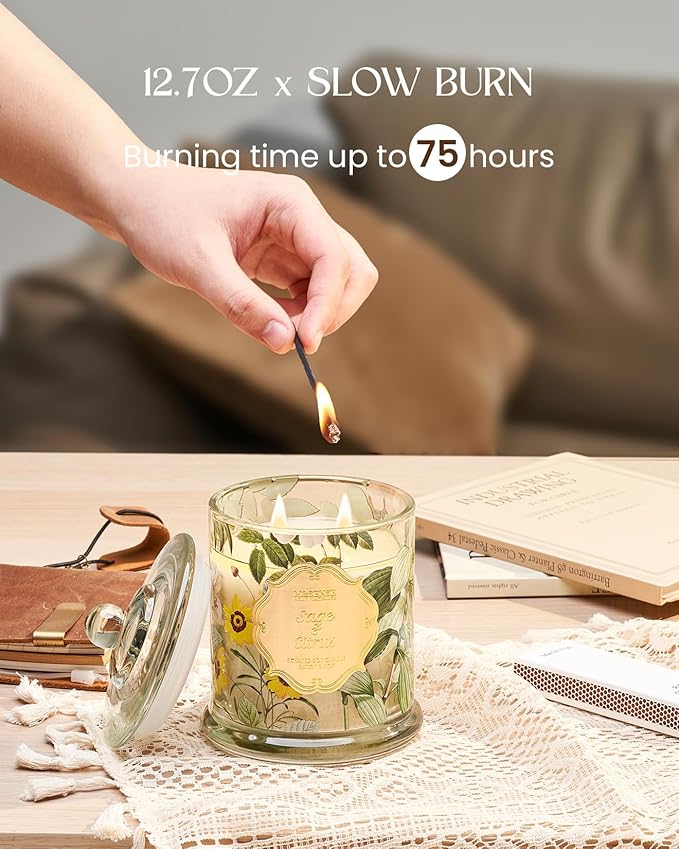 M&SENSE Sage Citrus Scented Candles, Natural Organic Soy Candle 12.7oz 75H Long Lasting Slow Burning, 2 Wick Large Jar Candle Stress Relief Air Purifying, Gifts for Men Women Father