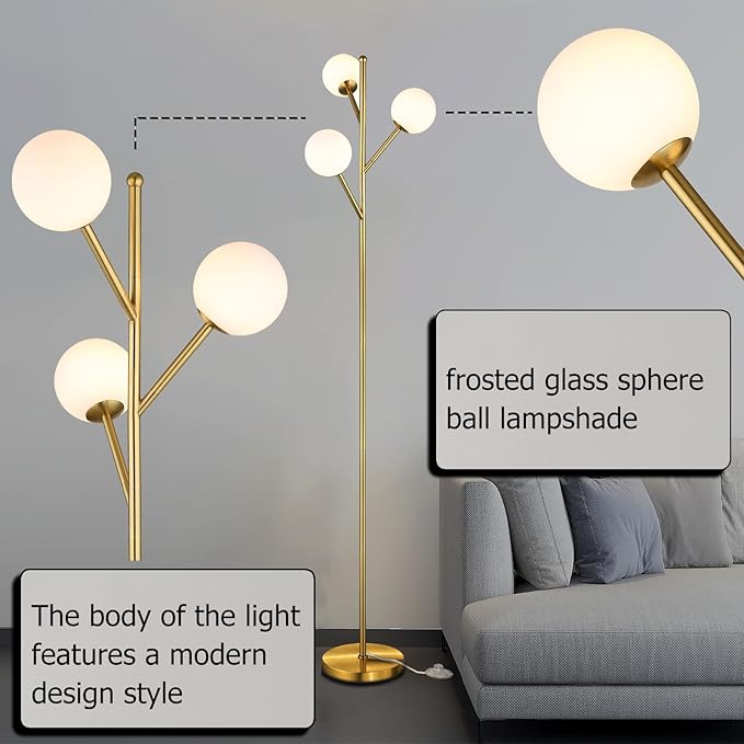 Globe Mid Century Tree Floor Lamp with 3 Light Bulbs,70in Tall Standing Glod Floor Lamp with Frosted Glass Shade for Living Room,Office,Bedroom, Study Room, Hotel, Antique Brass Lighting
