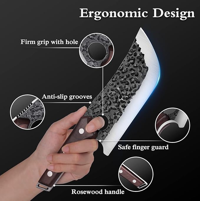 TOMBRO Meat Cleaver - 6.7" Heavy Duty Butcher Knife, High Carbon Steel Chef Knife,Full Tang Bone Chopper Meat Knife with Sheath for Outdoor Camping, BBQ, Kitchen