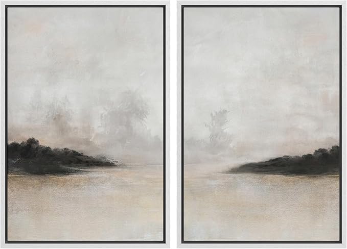 SIGNFORD Framed Canvas Print Wall Art Set Misty Horizon Soft Neutral Toned Landscape Illustration Modern Art Decorative Nordic Nature for Living Room, Bedroom, Office - 16"x24"x2 White