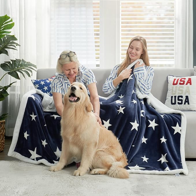 Cozy Bliss Luxury Sherpa Throw Blanket for Couch, Premium Reversible Thick Throw with Star Design, Warm Cozy Soft Blanket for Home and Gifts (Navy Blue, 60" x 80")