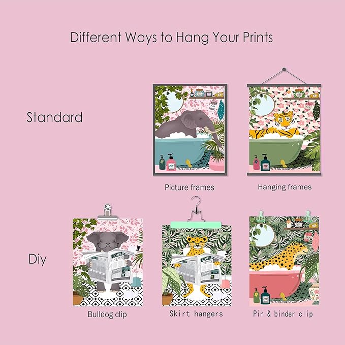 Funny Cute Canvas Art Wall Prints Set of 6, Kids Bathroom Decor Wall Art with Elephant, Zebra, Tiger Animal Pictures, Modern Humor Animals Bathroom Decor