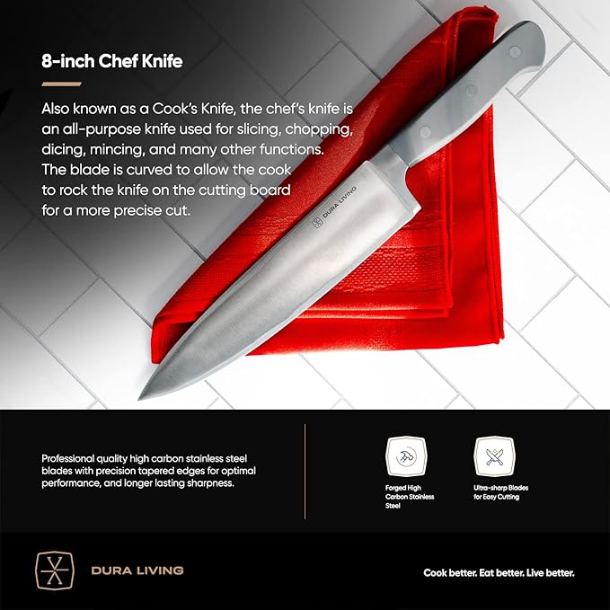 DURA LIVING 8 Inch Professional Chef Knife – High Carbon Stainless Steel, Razor-Sharp, Versatile Cooking & Cutting Kitchen Knife, Ergonomic Handle, Sleek Gray Design