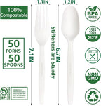 MISISIPI [7.1In 100Pcs] 100% Compostable Forks and Spoons Biodegradable Forks and Spoons HeavyDuty No Plastic Fork and Spoon Eco-friendly HeavyWeight Disposable Forks and Spoon Flatware Set