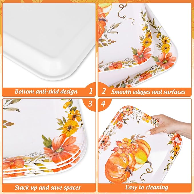 3Pcs Fall Serving Trays Reusable Watercolor Pumpkin Flower Platter Vintage Autumn Serving Dishes for Thanksgiving Sharing Snacks Fruit Dessert Candy