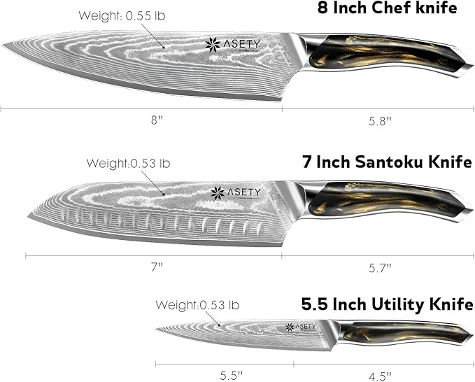 Damascus Knife Set 3 PCS: Ultra-Sharp Professional Chef Knife Set, Japanese Kitchen Knives with VG10 Steel Core, Full Tang Resin Handle, Elegant Box