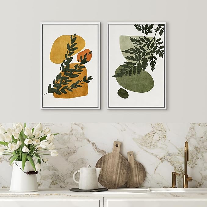 SIGNFORD Framed Canvas Print Wall Art Set Mid-Century Forest Fern Leaf Collage Abstract Shapes Illustration Modern Art Decorative Nordic Nature for Living Room, Bedroom, Office - 16"x24"x2 White