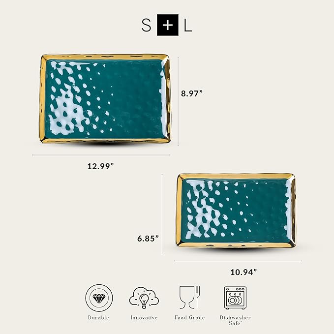 Stone Lain Florian Porcelain Large and Medium Rectangle Service Platters, Green with Gold Rim