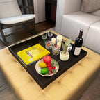 24x24 Inches Extra Large Black Faux Leather Wrapped Wood Ottoman Tray with Golden Handles for Serving Food and Breakfast On Bed, Square Coffee Table Organizer, Home Decor and Decorative