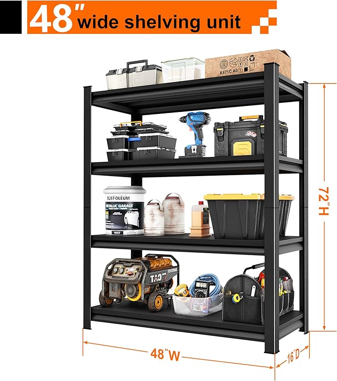 Heavy Duty Shelves, 4-Tier Metal Shelving Units, 48'W16'D63'H, 2200LBS Loads, Adjustable, Black