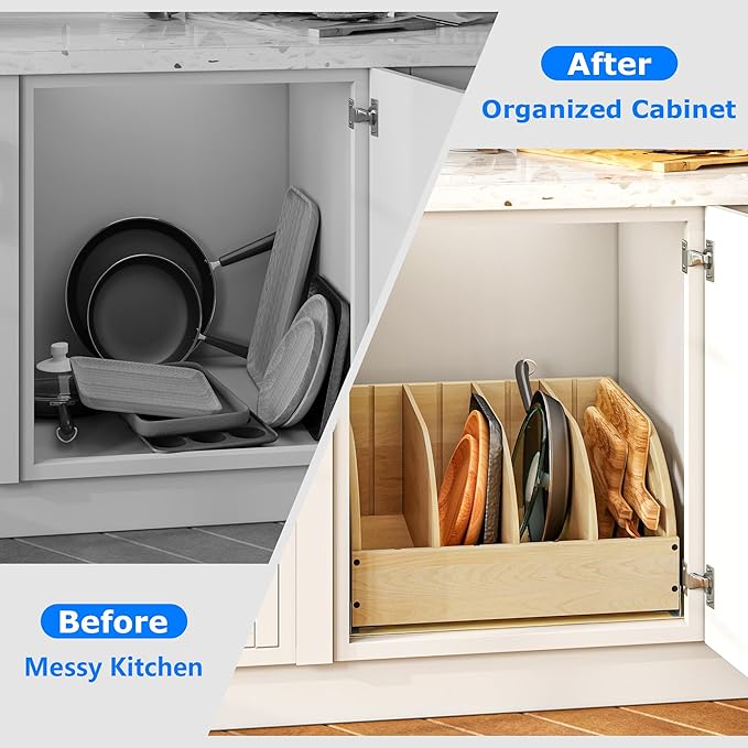 WelFurGeer Birchwood Pot and Pan Organizer with Soft-Close Drawer, Pull Out Cabinet Organizer, Heavy-Duty Slide-Out Storage for Baking Sheets, Cutting Boards, and Kitchen Utensils